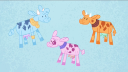 Size: 1920x1080 | Tagged: safe, screencap, cow, pony, g4, not asking for trouble, abstract background, magical cow, pinkie's goat story, trio, udder