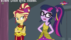 Size: 427x240 | Tagged: safe, edit, edited screencap, screencap, sci-twi, sunset shimmer, twilight sparkle, human, equestria girls, equestria girls specials, g4, my little pony equestria girls: dance magic, animated, clothes, crossed arms, dress, female, flamenco dress, gif, glasses, ponytail, skirt, sleeveless, sunset shimmer flamenco dress, teletoon