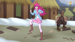 Size: 1280x720 | Tagged: safe, artist:jonfawkes, pinkie pie, human, yak, g4, not asking for trouble, boots, clothes, cute, humanized, open mouth, pantyhose, scarf, scene interpretation, skirt, solo focus, stomping