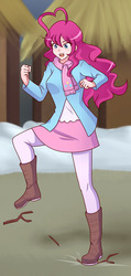 Size: 609x1280 | Tagged: safe, artist:jonfawkes, pinkie pie, human, g4, not asking for trouble, ahoge, boots, clothes, cute, diapinkes, female, humanized, open mouth, pantyhose, scarf, scene interpretation, skirt, solo, stomping