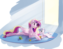 Size: 2640x2040 | Tagged: safe, artist:silfoe, princess cadance, princess flurry heart, whammy, alicorn, pony, g4, :i, baby, baby pony, cute, cutedance, duo, female, flurrybetes, high res, mare, mother and daughter, prone, sploot, spread wings, toy, wings