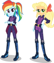 Size: 6411x7500 | Tagged: safe, artist:limedazzle, applejack, rainbow dash, equestria girls, g4, my little pony equestria girls: friendship games, absurd resolution, alternate hairstyle, alternate universe, applejewel, boots, clothes, crossed arms, crystal prep shadowbolts, duo, duo female, female, gloves, hand on hip, ponytail, shoes, show accurate, simple background, smiling, transparent background, vector