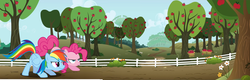 Size: 3363x1080 | Tagged: safe, pinkie pie, rainbow dash, pony, g4, apple tree, fence, path, ready to race, sweet apple acres, tree