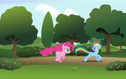 Size: 900x568 | Tagged: safe, pinkie pie, rainbow dash, pony, g4, forest, path, racing, running, tree