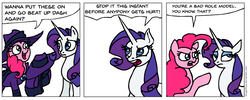 Size: 941x378 | Tagged: safe, artist:gingerfoxy, mare do well, pinkie pie, rarity, earth pony, pony, unicorn, pony comic generator, g4, comic, hypocrisy, hypocritical humor