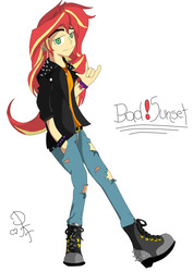 Size: 1280x1810 | Tagged: safe, artist:thelittlepandora, sunset shimmer, equestria girls, g4, alternate universe, cutie mark accessory, cutie mark on clothes, implied lesbian, implied shipping, implied sunsetsparkle, looking at you, simple background, white background