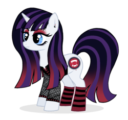 Size: 1052x989 | Tagged: safe, artist:unoriginai, oc, oc only, oc:ebony dark'ness dementia raven way, pony, unicorn, clothes, cute, ear piercing, earring, edgy, female, fishnet stockings, goff, goffik, goth, jewelry, magical lesbian spawn, makeup, mare, my immortal, offspring, parent:cayenne, parent:moonlight raven, parents:mooncayenne, parody, piercing, ponified, simple background, socks, solo, striped socks, transparent background, why