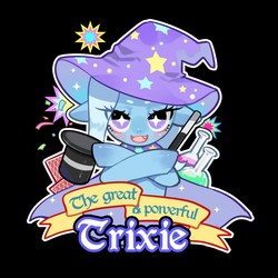 Size: 780x780 | Tagged: safe, artist:puzi, trixie, pony, unicorn, g4, card, clothes, female, floppy ears, hat, lidded eyes, looking at you, open mouth, potion, shirt, smiling, solo, top hat, wand