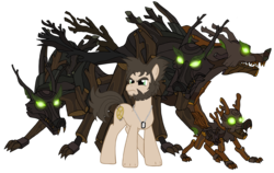Size: 3475x2198 | Tagged: safe, artist:edcom02, artist:jmkplover, earth pony, elemental, pony, timber wolf, animal empathy, anti-hero, baby timber wolf, dog tags, glowing eyes, green eyes, high res, male, marvel, pack, puppy, serious, serious face, sharp teeth, sideburns, simple background, stallion, teeth, transparent background, wolverine, wood golem, x-men