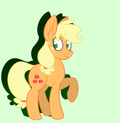 Size: 1024x1050 | Tagged: safe, artist:woollily, applejack, earth pony, pony, g4, colored pupils, female, green background, mare, raised hoof, simple background, smiling, solo