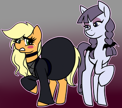 Size: 1280x1130 | Tagged: safe, artist:/d/non, applejack, inky rose, earth pony, pegasus, pony, g4, 30 minute art challenge, alternate hairstyle, applejack also dresses in style, blushing, choker, clothes, dress, duo, duo female, female, goth, gothic, lidded eyes, mare, nervous, smiling