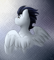 Size: 1800x2000 | Tagged: safe, artist:spirit-dude, soarin', pegasus, pony, g4, abstract background, checker plate, crying, featured image, looking up, male, sad, single tear, solo, stallion