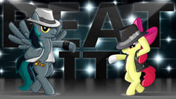 Size: 4998x2811 | Tagged: safe, artist:blackgryph0n, apple bloom, oc, oc:blackgryph0n, earth pony, pegasus, pony, g4, beat it, high res, michael jackson, michelle creber, ponified, song reference, text, vector