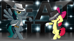 Size: 4998x2811 | Tagged: safe, artist:blackgryph0n, apple bloom, oc, oc:blackgryph0n, earth pony, pegasus, pony, beat it pmv, g4, beat it, high res, michael jackson, michelle creber, ponified, song reference, text, vector