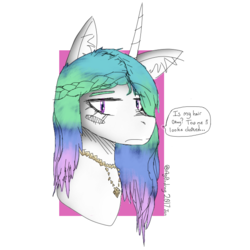 Size: 646x646 | Tagged: safe, artist:itzdatag0ndray, princess celestia, pony, g4, alternate hairstyle, braid, dialogue, ear fluff, female, jewelry, necklace, simple background, solo