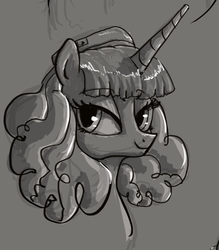 Size: 846x965 | Tagged: safe, artist:plotcore, tropical dream, pony, unicorn, g4, bust, female, grayscale, hat, lidded eyes, mare, monochrome, smiling, solo