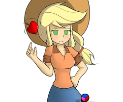 Size: 953x794 | Tagged: safe, artist:genericmlp, applejack, human, g4, apple, clothes, cowboy hat, cute, denim skirt, female, food, freckles, hat, humanized, shirt, simple background, skirt, solo, stetson, white background