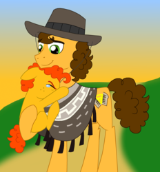 Size: 2982x3213 | Tagged: safe, artist:crazynutbob, cheese sandwich, oc, oc:pizza pockets, pony, g4, colt, father and son, freckles, high res, hug, male, offspring, parent:cheese sandwich, parent:pinkie pie, parents:cheesepie, teary eyes