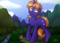 Size: 4092x2893 | Tagged: safe, artist:sugaryviolet, oc, oc only, oc:star bright, pony, unicorn, cel shading, commission, forest, giant pony, growth, high res, house, macro, male, mountain, mountain range, poison joke, river, scenery, solo, stallion