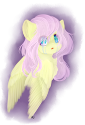 Size: 2861x4183 | Tagged: safe, artist:ether-akari, fluttershy, pony, g4, bust, chest fluff, crying, eye clipping through hair, female, high res, looking at you, looking back, looking back at you, open mouth, portrait, sad, simple background, solo, teary eyes, transparent background, turned head, wings