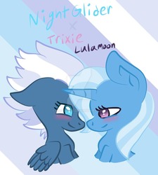 Size: 1024x1136 | Tagged: safe, artist:rosiepie15, night glider, trixie, pegasus, pony, unicorn, g4, blushing, bust, crack shipping, female, lesbian, looking at each other, mare, nighttrix, shipping, smiling, watermark, wings