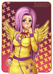 Size: 550x778 | Tagged: safe, artist:jatearica, fluttershy, human, g4, blushing, breasts, busty fluttershy, clothes, female, humanized, solo, tracksuit, winged humanization, wings