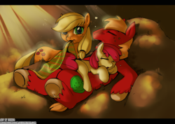 Size: 1822x1287 | Tagged: safe, artist:moonboomboom, apple bloom, applejack, big macintosh, earth pony, pony, g4, apple siblings, blanket, crepuscular rays, female, filly, hatless, male, mare, missing accessory, mouth hold, on back, prone, sleeping, stallion, trio, underhoof