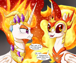 Size: 1000x837 | Tagged: safe, artist:deusexequus, daybreaker, nightmare star, alicorn, pony, a royal problem, g4, angry, crown, dialogue, duo, fangs, female, helmet, jewelry, looking back, mare, regalia, slit pupils, speech bubble, two flaming sunponies