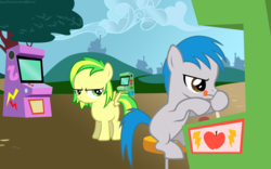 Size: 9600x6000 | Tagged: safe, artist:lazypixel, oc, oc only, oc:the living tombstone, oc:wooden toaster, pony, absurd resolution, arcade, arcade game, hearts and hooves day, tongue out, vector, younger