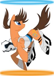 Size: 2696x3736 | Tagged: safe, artist:auveiss, pony, chell, crossover, female, high res, long fall horseshoe, mare, ponified, portal, portal (valve), portal gun, simple background, solo, transparent background, vector, watermark