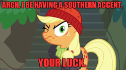 Size: 888x499 | Tagged: safe, edit, edited screencap, screencap, applejack, earth pony, pony, g4, ppov, accent, applejack is best facemaker, captain jackbeard, female, image macro, imgflip, mare, meme, pirate, red text, red vs blue, sarge, solo