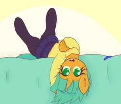 Size: 1400x1200 | Tagged: safe, artist:zlight, snails, pony, g4, alternate hairstyle, bed, clothes, crossdressing, cute, diasnails, glitter shell, hoodie, looking at you, lying down, on back, pantyhose, simple background, skirt, solo, stockings