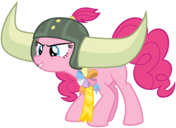 Size: 3300x2400 | Tagged: safe, artist:cheezedoodle96, pinkie pie, pony, not asking for trouble, .svg available, ambassador badge, crouching, cute, diapinkes, female, helmet, honorary yak horns, horned helmet, lidded eyes, mare, simple background, smiling, solo, svg, transparent background, vector, viking helmet