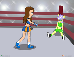 Size: 1500x1159 | Tagged: safe, artist:dieart77, upper crust, equestria girls, g4, american dad, belly button, black eye, boxing ring, clothes, crossover, exeron fighters, exeron gloves, lisa silver, male, midriff, skirt, sports bra