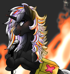 Size: 2100x2200 | Tagged: safe, artist:brainiac, oc, oc only, oc:velvet remedy, pony, unicorn, fallout equestria, blushing, fanfic, fanfic art, female, fire, fluttershy medical saddlebag, fluttershy reference, high res, horn, mare, medical saddlebag, microphone, saddle bag, solo, wasteland wailers