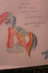 Size: 675x1024 | Tagged: safe, artist:davelovergirlsonic, rainbow dash, pony, g4, blushing, bound wings, chains, clothes, crying, female, prison outfit, prisoner, prisoner rd, solo, traditional art