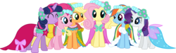 Size: 8606x2580 | Tagged: safe, artist:jennieoo, applejack, fluttershy, pinkie pie, rainbow dash, rarity, twilight sparkle, earth pony, pegasus, pony, unicorn, a canterlot wedding, g4, absurd resolution, alternate hairstyle, bridesmaid, bridesmaid applejack, bridesmaid dash, bridesmaid dress, bridesmaid fluttershy, bridesmaid pinkie, bridesmaid rarity, clothes, dress, eyes closed, female, flutterbeautiful, mane six, mare, show accurate, simple background, transparent background, vector, vector trace