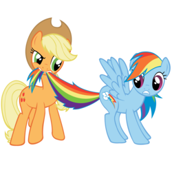 Size: 6000x6000 | Tagged: safe, artist:lolke12, applejack, rainbow dash, earth pony, pegasus, pony, g4, .psd available, absurd resolution, applejack pulling rainbow dash's tail, biting, duo, female, mare, mouth hold, photoshop, simple background, tail bite, tail pull, transparent background