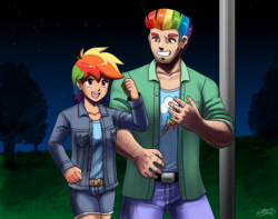 Size: 2000x1572 | Tagged: safe, artist:johnjoseco, derpibooru exclusive, bow hothoof, rainbow dash, human, g4, father and daughter, father's day, female, humanized, male, yaoi hands