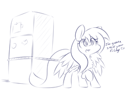 Size: 3508x2480 | Tagged: safe, artist:dshou, oc, oc only, oc:shooting star, pegasus, pony, female, high res, i emptied your fridge, refrigerator, rope, silly, silly pony, solo, stealing, text, thief