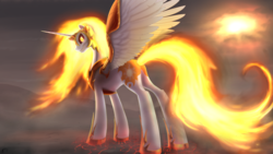 Size: 1920x1080 | Tagged: safe, artist:brisineo, daybreaker, alicorn, pony, a royal problem, g4, alternate timeline, ashlands timeline, barren, butt, concave belly, daybutt, female, fire, glowing eyes, implied genocide, looking at you, mane of fire, mare, plot, post-apocalyptic, sharp teeth, smiling, solo, teeth, wasteland