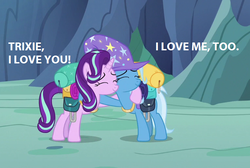 Size: 766x514 | Tagged: safe, edit, edited screencap, screencap, starlight glimmer, trixie, pony, unicorn, g4, to where and back again, clothes, dialogue, eyes closed, hat, hug, smiling, trixie's hat