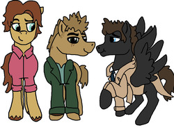 Size: 1000x747 | Tagged: safe, artist:creative-blossom, earth pony, pegasus, pony, castiel, crossover, dean winchester, group, male, ponified, sam winchester, stallion, supernatural, team freewill, trenchcoat