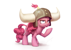 Size: 1200x850 | Tagged: safe, artist:assasinmonkey, pinkie pie, earth pony, pony, g4, not asking for trouble, female, helmet, honorary yak horns, horned helmet, mare, simple background, solo, viking helmet, white background