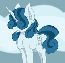 Size: 1369x1327 | Tagged: safe, artist:paskanaakka, derpibooru exclusive, oc, oc only, oc:cerulean swirls, pony, unicorn, abstract background, alternate hairstyle, chest fluff, ear fluff, female, hair over eyes, mare, nose wrinkle, scrunchy face, solo