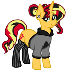 Size: 1350x1423 | Tagged: safe, artist:/d/non, derpibooru exclusive, sunset shimmer, pony, unicorn, g4, alternate hair color, alternate hairstyle, clothes, ear piercing, eyelashes, eyeshadow, female, gauges, goth, hoodie, lidded eyes, makeup, mare, nu goth, piercing, simple background, socks, solo, striped socks, transparent background
