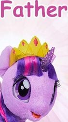 Size: 249x443 | Tagged: safe, editor:kingkek42, twilight sparkle, alicorn, pony, g4, my little pony: the movie, official, comic sans, cropped, electronic toy, father, father's day, female, implied night light, irl, jewelry, meme, nightmare fuel, photo, plushie, regalia, robotwi, solo, toy, twilight sparkle (alicorn), wow! glimmer