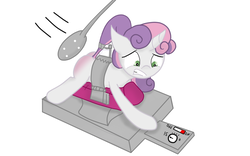 Size: 1024x640 | Tagged: dead source, safe, artist:makerofchaos117, artist:rusticanon, color edit, edit, sweetie belle, pony, unicorn, g4, colored, fanfic in the description, female, reddened butt, simple background, solo, spanking, spanking machine, sweetie fail, tail holder, white background