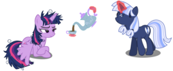 Size: 17000x7000 | Tagged: safe, artist:mundschenk85, twilight sparkle, oc, oc:silverlay, alicorn, original species, pony, umbra pony, unicorn, g4, absurd resolution, coffee, cup, eyes closed, female, magic, mare, messy mane, show accurate, simple background, smiling, teacup, teapot, transparent background, twilight sparkle (alicorn), vector