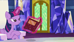 Size: 500x281 | Tagged: safe, screencap, pinkie pie, twilight sparkle, alicorn, pony, g4, not asking for trouble, animated, book, female, gif, magic, scroll, silhouette, telekinesis, twilight sparkle (alicorn), twilight's castle
